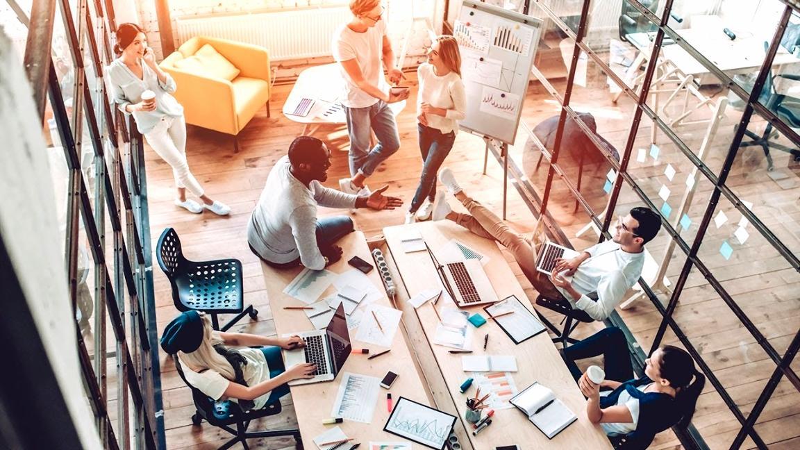 Team members collaborating on web design project with laptops and sketches